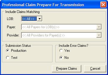 Preparing to Send a File To create a file to transmit, start from the Professional Claims Menu and select Prepare Claims.