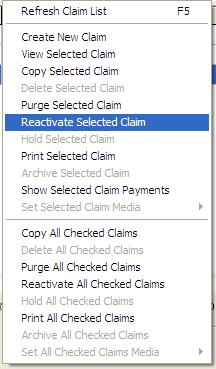 This will display any claims that have been prepared for transmission. To restore a previously sent claim, right-click on the claim you wish to restore and select Reactivate Selected Claim.