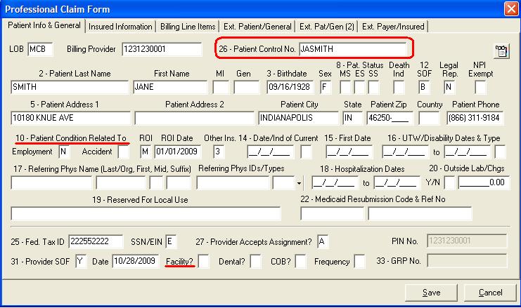 Patient Info & General tab: 1) Select the patient via Patient Control No. Use the right-click or F2 lookup feature to bring up the Patient Selection screen.