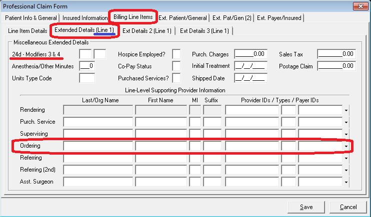 Extended Details (Line #) tab: The (Line #) will change based on the charge line being entered. Each charge line on a claim will enter information on a separate tab.