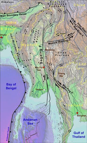 Earthquake risks in Mandalay Mandalay lies along the Sagaing fault in Myanmar Saging fault was the cause of 13 of 17 major EQs in the past 172 years and has been mostly quiet for