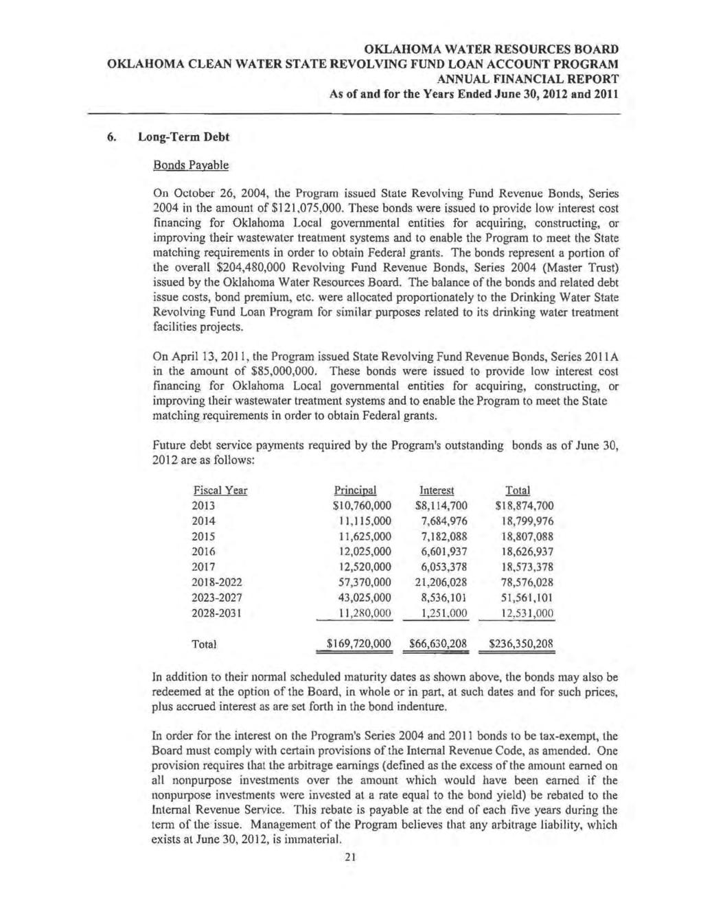 OKLAHOMA WATER RESOURCES BOARD OKLAHOMA CLEAN WATER STATE REVOLVING FUND LOAN ACCOUNT PROGRAM ANNUAL FINANCIAL REPORT As of and for the Years Ended June 30, 2012 and 2011 6.