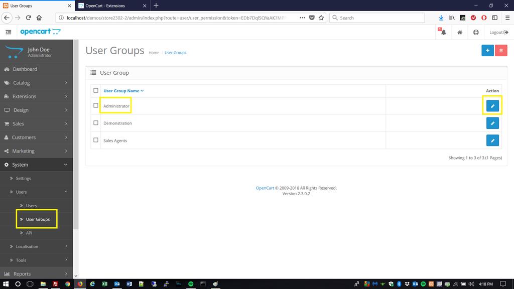 3. Go to System -> Users -> User Groups and click the Edit button for the Administrator user group.