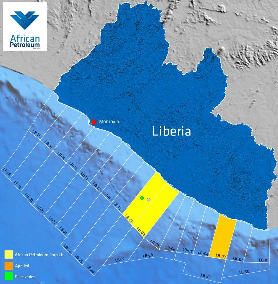 Liberian Project: Blocks LB08 and LB09 Figure 2: Location of the Liberia Licence Blocks, offshore Liberia African Petroleum (through wholly owned subsidiary European Hydrocarbons) holds a 100%
