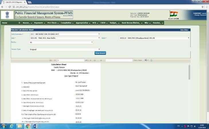 Sheet This report is displayed after selecting the fields like Controller, PAO, DDO, File Number Pension Type