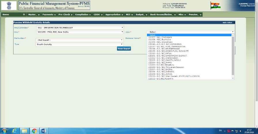 On selecting DDO and file number is populated and on selecting File number, Pensioner Name is auto filled.