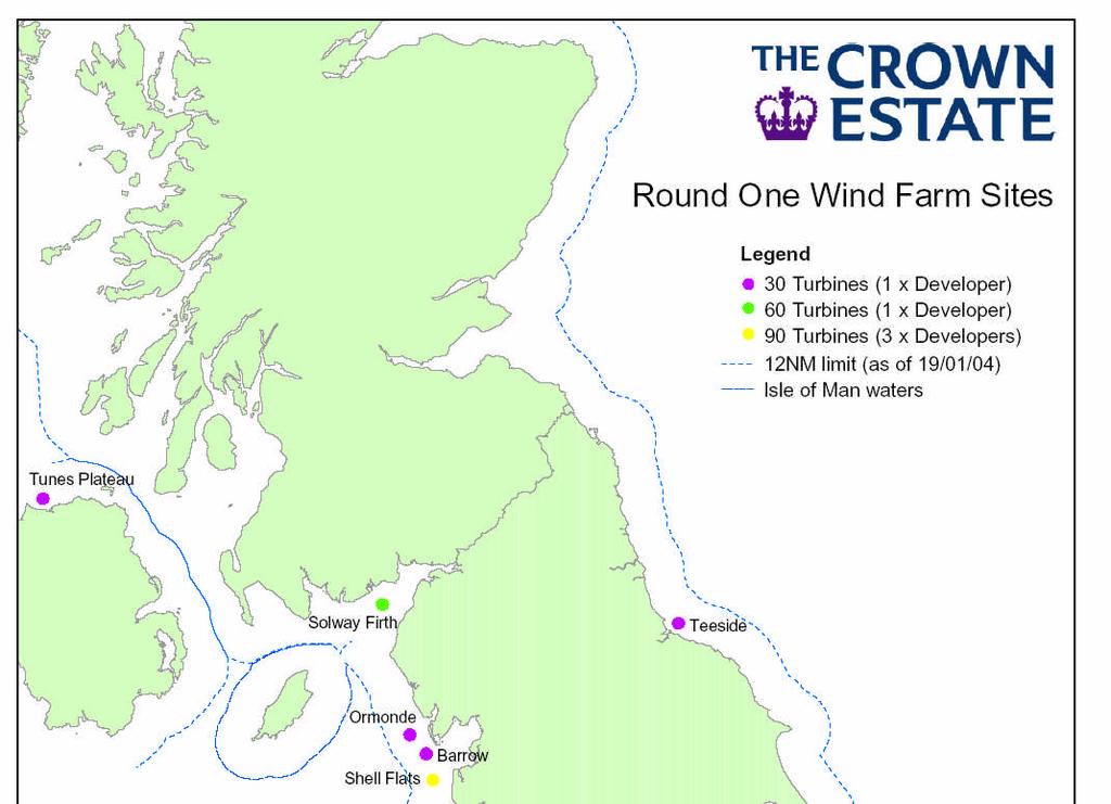 Round 1 Offshore Wind Round 1 announced in 1999 18 sites, at 13 locations awarded in