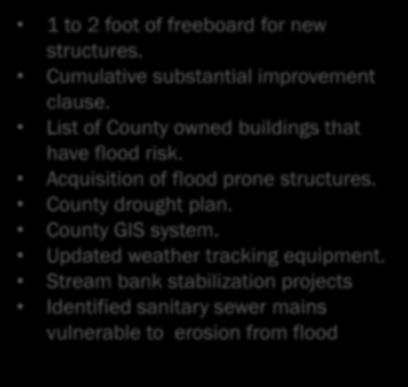 Possible Mitigation Activities 1 to 2 foot of freeboard for new structures. Cumulative substantial improvement clause. List of County owned buildings that have flood risk.