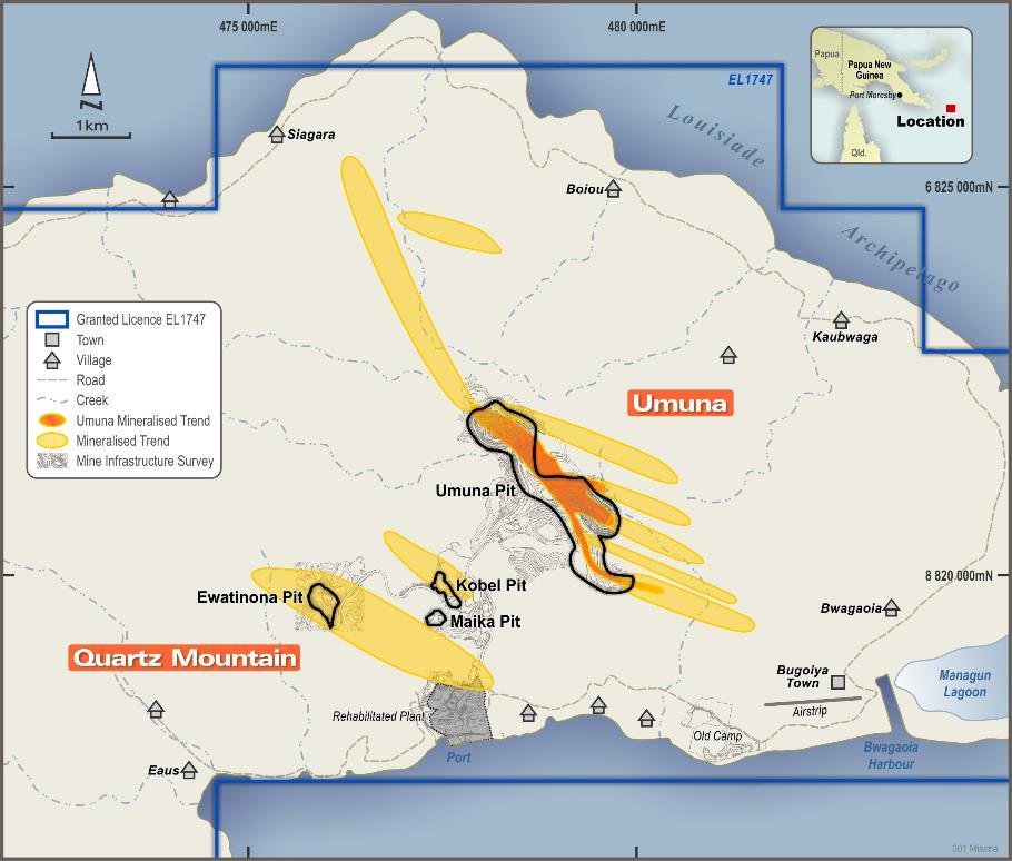 Misima Gold Project Exploration upside Immediate extensional upside in Umuna Deeps Splay structures on southeast side of Umuna with evidence of high grade, shallow mineralisation