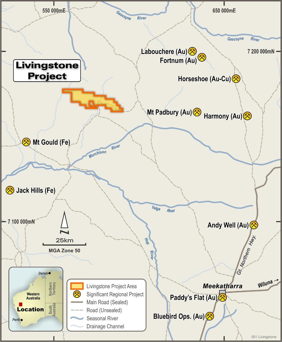 Livingstone Project (Au) KSN is earning a 75% interest in the Livingstone Gold Project, located 140km northwest of Meekatharra in Western Australia The project holds a JORC2004 Inferred resource of