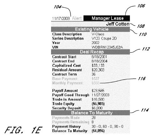 Figure 1E illustrates a deal sheet about a current product According to Figure 1E, section 112 includes information about a current lease agreement, including the original capitalized cost, the