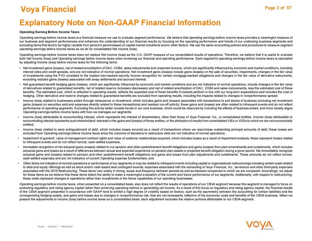 Voya Financial Earning Page Before 3 of 57 Income Explanatory Taxes Note on Non-GAAP Financial Information Operating performance earnings and trends before of income our underlying taxes is business