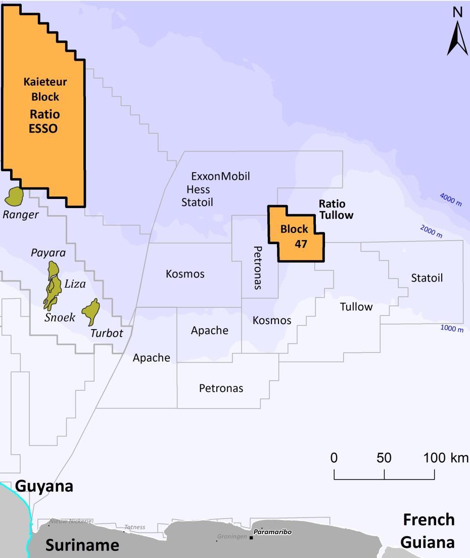 Suriname Block 47 > Suriname borders Guyana to the east and its offshore is part of the Guyana- Suriname basin > In August 2017 Ratio Petroleum signed an agreement to farm-in 20% of Tullow s rights