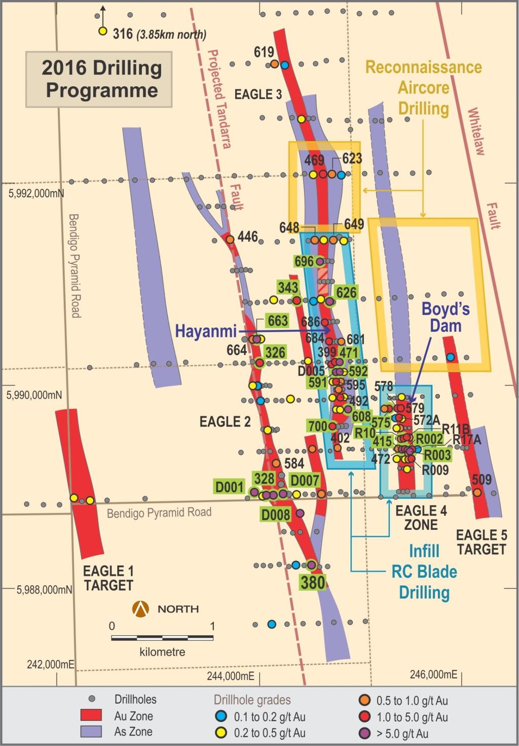Figure 2a: Four Eagles Gold Project showing defined gold zones and planned 2016
