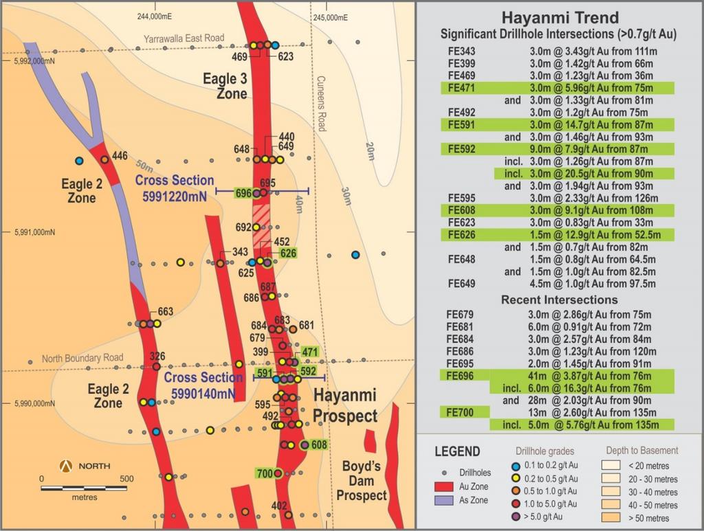 Figure 3: Hayanmi Prospect plan view showing gold trends and