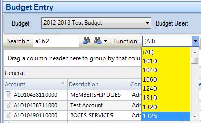 Filtering Accounts The Budget Entry window provides the capability to filter accounts codes by Function, Object, Location, Program, Component,