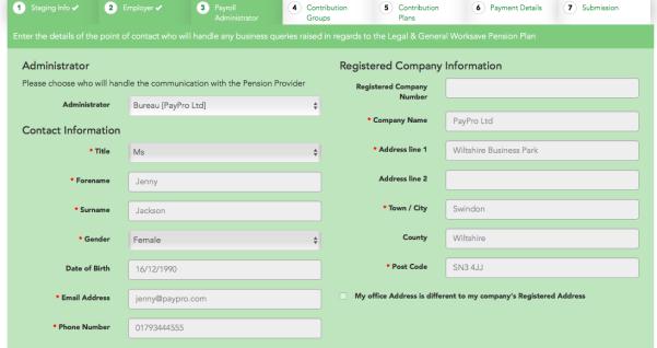 If the employer will be responsible for administration, then select Employer from the Administrator drop down box. pensionsync will the copy in the Employers contact information into this page.