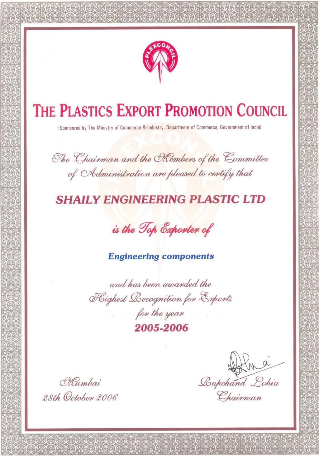 Export House Awards Top Exporter of Engineering Components for