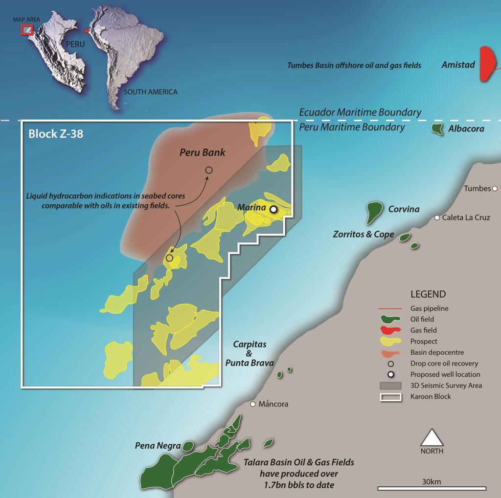 Peru: Tumbes Basin, Z-38 Farmout success with offshore Peru heating up as a new industry focus. Force majeure lifted from Block Z-38 in July 2018. Karoon 40%* (Operator), Tullow 35%*, Pitkin 25%*.