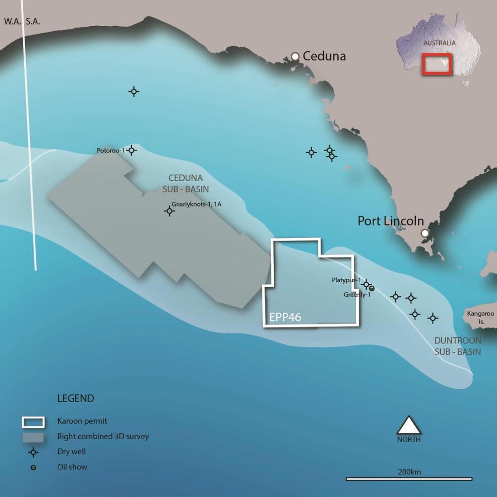 Australia: Ceduna Sub Basin, EPP46 Industry awaits NOPSEMA approval of drilling Environment Plan. Karoon 100% (Operator), awarded October 2016. Large, 17,649 sq.