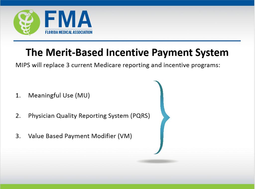 The Merit-based Incentive Payment System (MIPS) Consolidates existing PFP programs into a