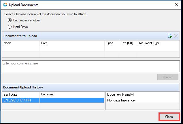 8) In the Upload Documents window, verify that the Document Upload History