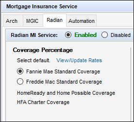 4) Use the Coverage Percentage panel to configure a GSE default grid for populating the coverage percentage on a loan.