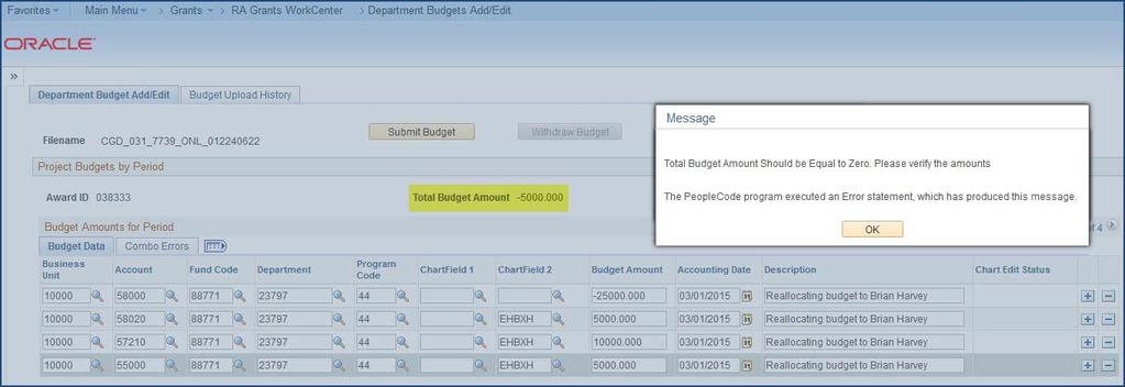 5. In this example the RA is done adding the budget lines and has clicked the Save button. The sum of the Budget Amount is equal to zero, $0.00.