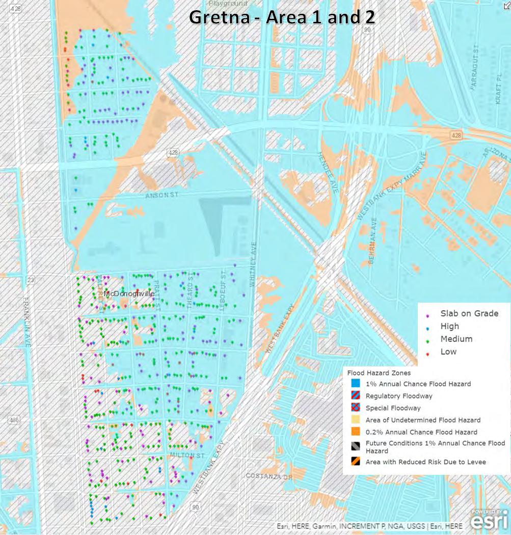 PROBLEM STATEMENT The RL areas in the City of Gretna are located majorly within the 100-year floodplain (Zone AE) as shown on the map to the right; however, Area 2 has more Zone X properties than