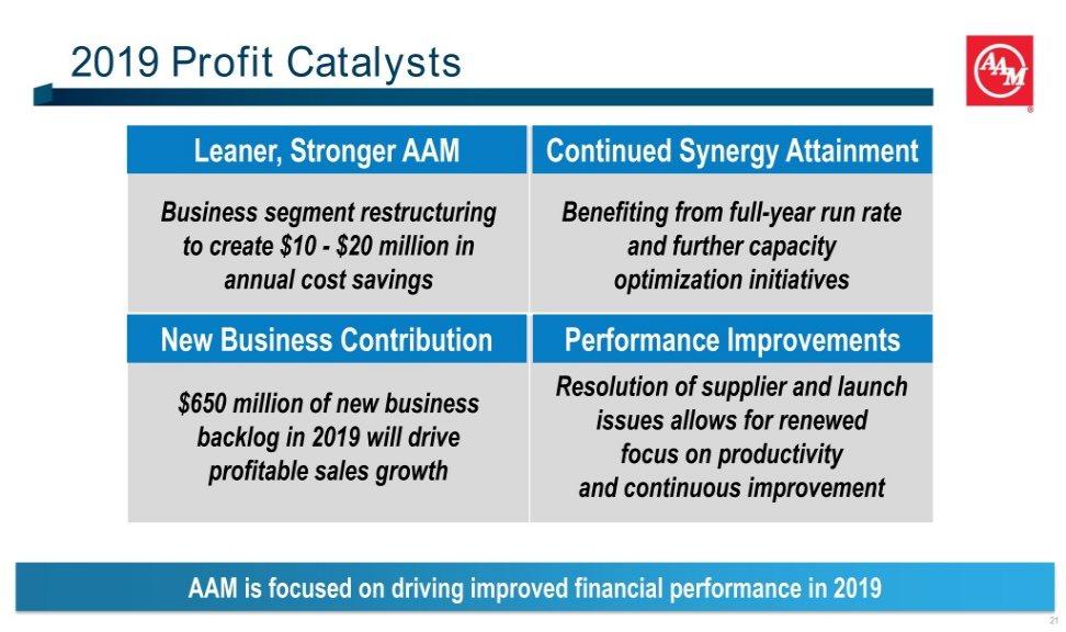 2019 Profit Catalysts Leaner, Stronger AAM Continued Synergy Attainment Business segment restructuring Benefiting from full-year run rate to create $10 - $20 million in and further capacity annual