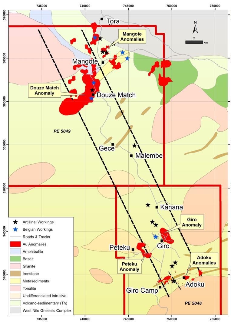 Giro Project - drilling results summary Exceptional scout shallow RC results from Douze Match o Highly significant mineralisation within 6km x 2.