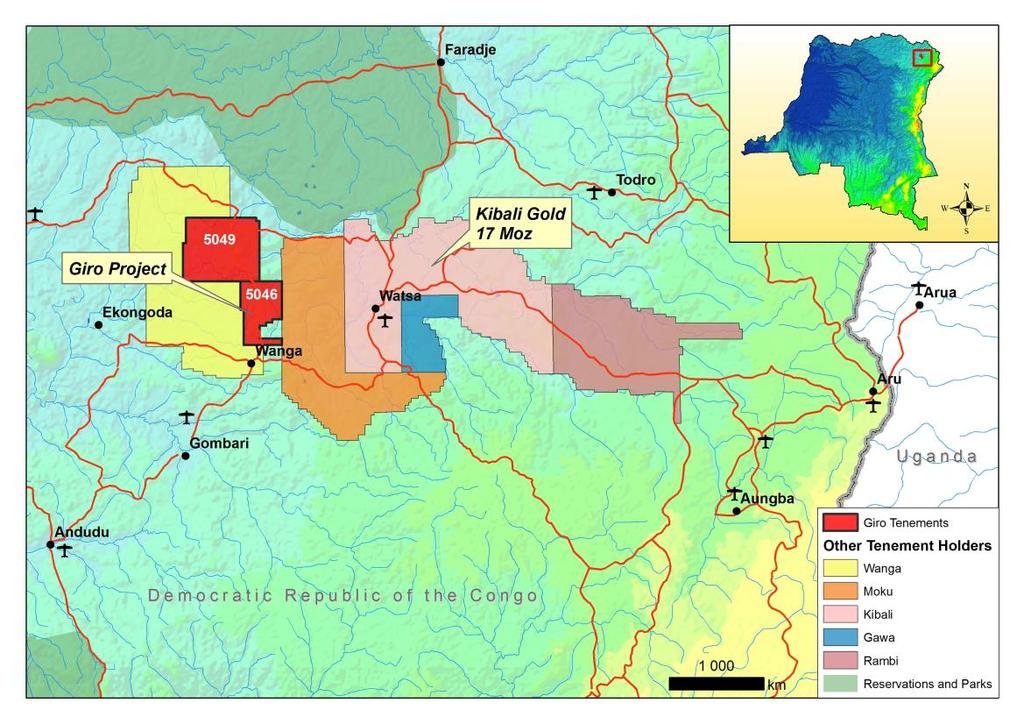 Giro Project north east DRC o Two permits covering 610km² (PE s 5046 and 5049) in the Moto Greenstone Belt o o o o o Burey holds a 55.