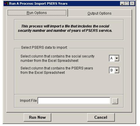 PSERS Years - (Active Only) Enter the number of years of service with PSERS or use the IMPORT PSERS YEARS process to populate this field.