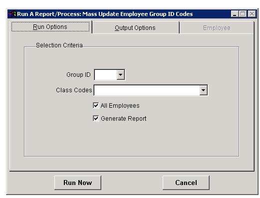 Mass Update Group ID Codes EMPL > MASS UPDATE GROUP ID CODES This option updates the Group ID on the Employee Master/General tab for all employees whose records contain the specified Class Code(s). 1.