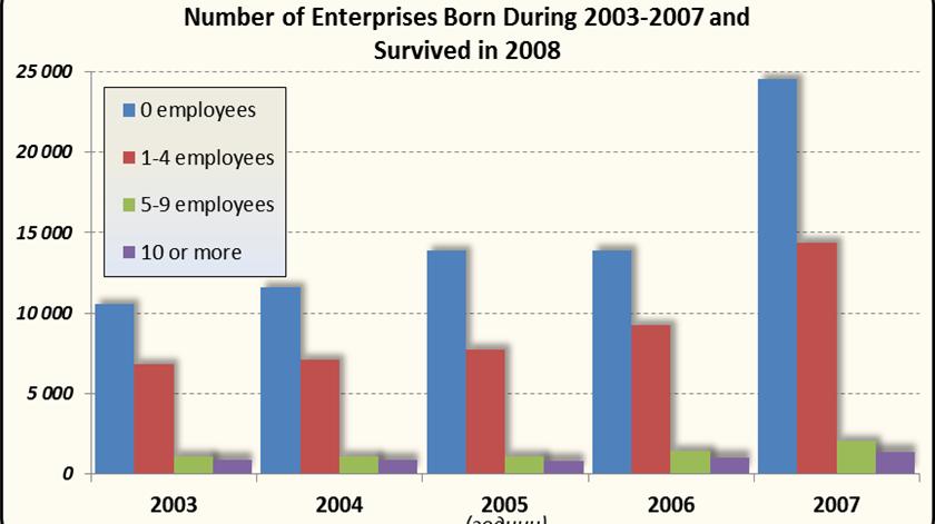 The number of newborn enterprises in 2007 is 55 488 from which 42 434 did survive in 2008.