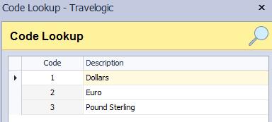 you will find Currencies Double-click to select the default currency in Travelogic/Pastel, and click on the Accounting Tab Tick the Account Currency box; this means that this currency can be used