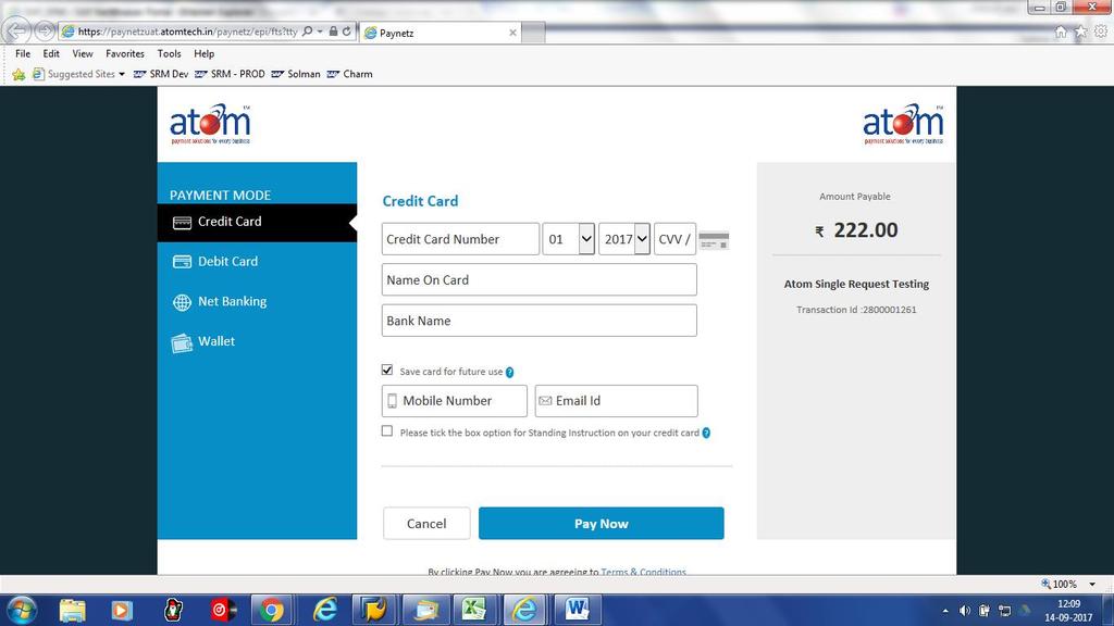 Debit Card: Vendor has to furnish required details as shown in below screen shot.