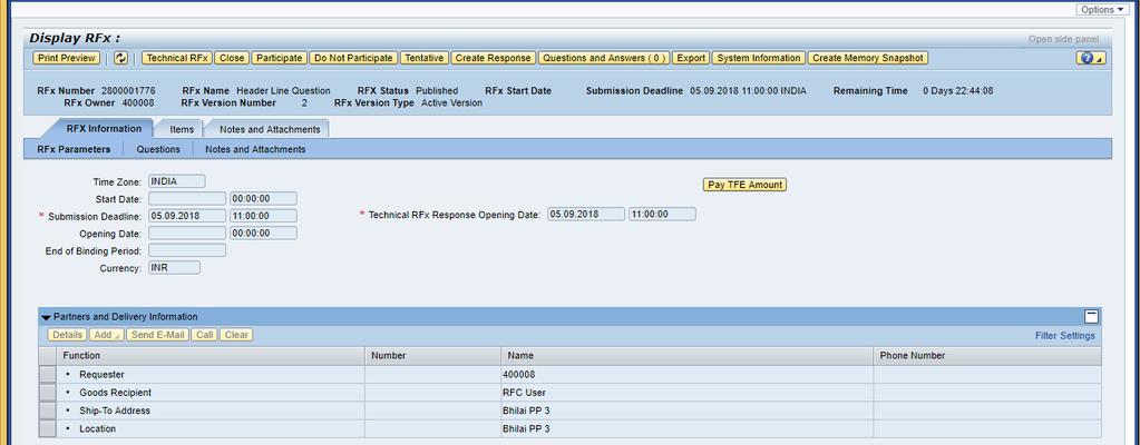 Please refer following screen shot:- Response can be created by selecting desired RFx Line & clicking on Create Response (as shown above screen