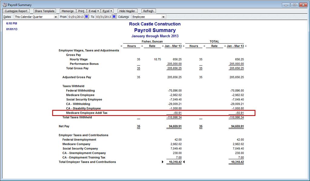 Payroll Reports You can see the Medicare Employee Addl Tax item in many payroll reports (Reports > Employees & Payroll). One of the most common payroll reports is the Payroll Summary report.