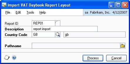 CHAPTER 1 VAT SETUP To import a report layout: 1. Open the Import VAT Daybook Report Layout window. (Cards >> Company >> VAT Daybook Reports >> Import button) 2. Enter a new report ID. 3.