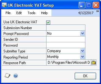 CHAPTER 1 VAT SETUP Setting up details for electronic submission of U.K. VAT reports Use the UK Electronic VAT Setup window to set up information for submitting the U.K. VAT return and daybook reports electronically to the tax authority.