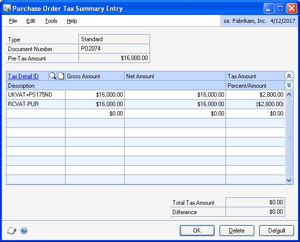 You can view the reverse charge VAT that is automatically calculated on the Purchase Order Processing transactions that fulfill the required criteria.