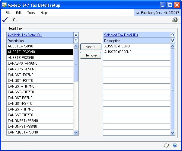 CHAPTER 5 SPANISH VAT To select retail tax IDs in the Modelo 347 Tax Detail Setup window: 1. Open the Modelo 347 Tax Detail Setup window.