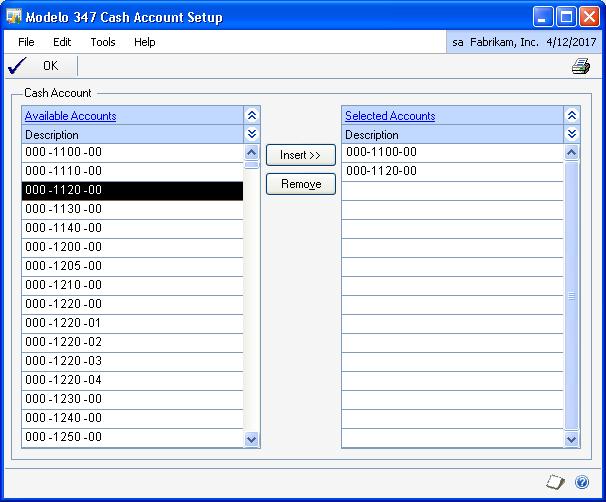 CHAPTER 5 SPANISH VAT To select the cash accounts for Modelo 347 file: 1. Open the Modelo 347 Cash Account Setup window.