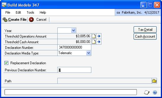 CHAPTER 5 SPANISH VAT To generate a Modelo 347 file: 1. Open the Build Modelo 347 window. (Shortcuts >> Add >> add window >> Build Modelo 347) 2. Select the Year.