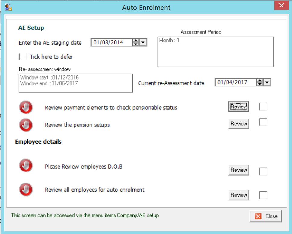 Preparing the Payroll Once auto enrolment has been activated, the following screen is presented: Below we work through