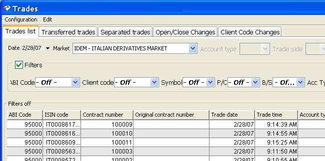 Trade transfer To execute a trade transfer, the customer has to download the trade list. The user has to select the Market, the Date, the Account Type (House/Client) and the Trade Side (Buy/Sell).