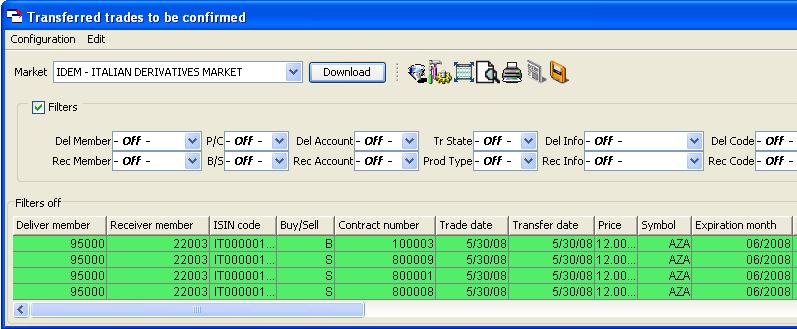 Operations To be confirmed This menu allows to accept or reject trade transfers received from another clearing member.