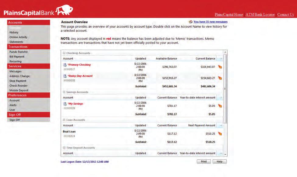 ONLINE BANKING FEATURES PlainsCapital Online Banking provides secure online access to your account information anytime 24/7 at PlainsCapital.com.