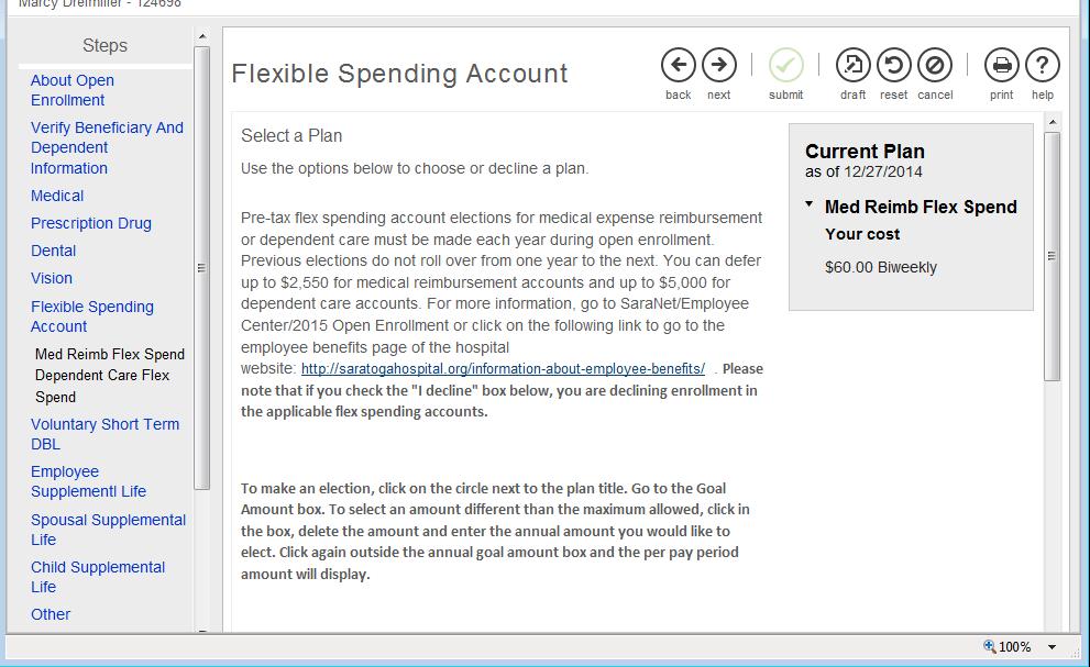 For Medical Reimbursement flexible spending, click on the current plan box to see your